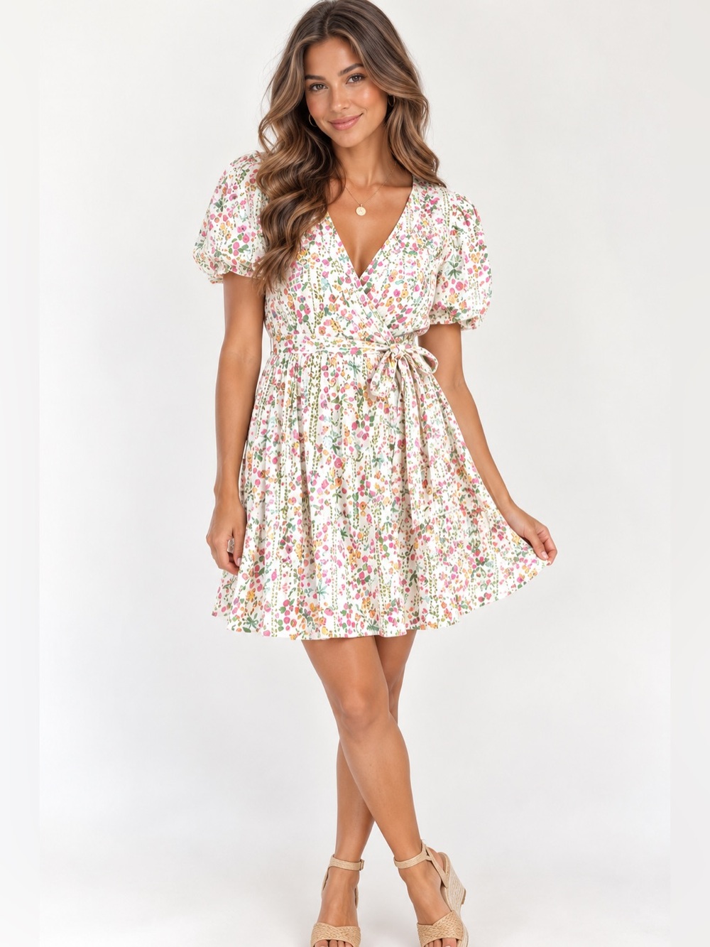 J. Marie Nora Ruffle Wrap Dress Size L NWT Floral Puff Sleeve Cottagecore Mini